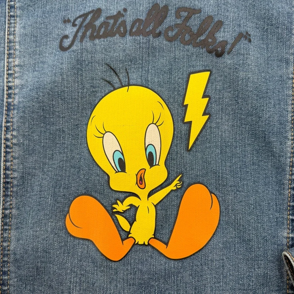 Looney Tunes Denim Jacket Girls Size L 10/12 Blue Tweety Bird That's All Folks